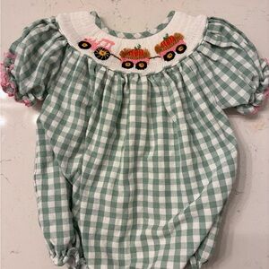 Smockingbird Green Gingham Baby Romper with Tractor Embroidery